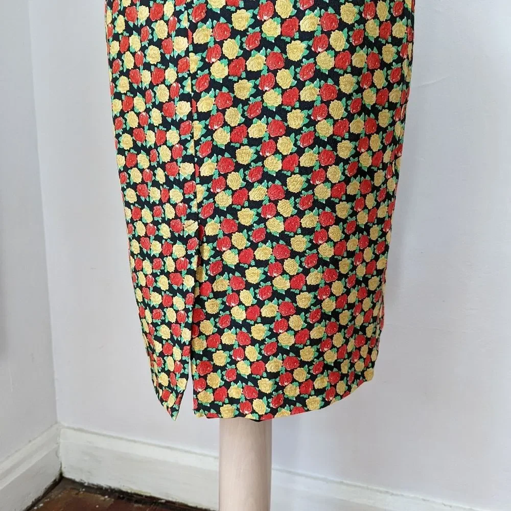 Vintage Red and Gold Rose Silk Pencil Skirt- 28" Waist - Picture 5 of 10